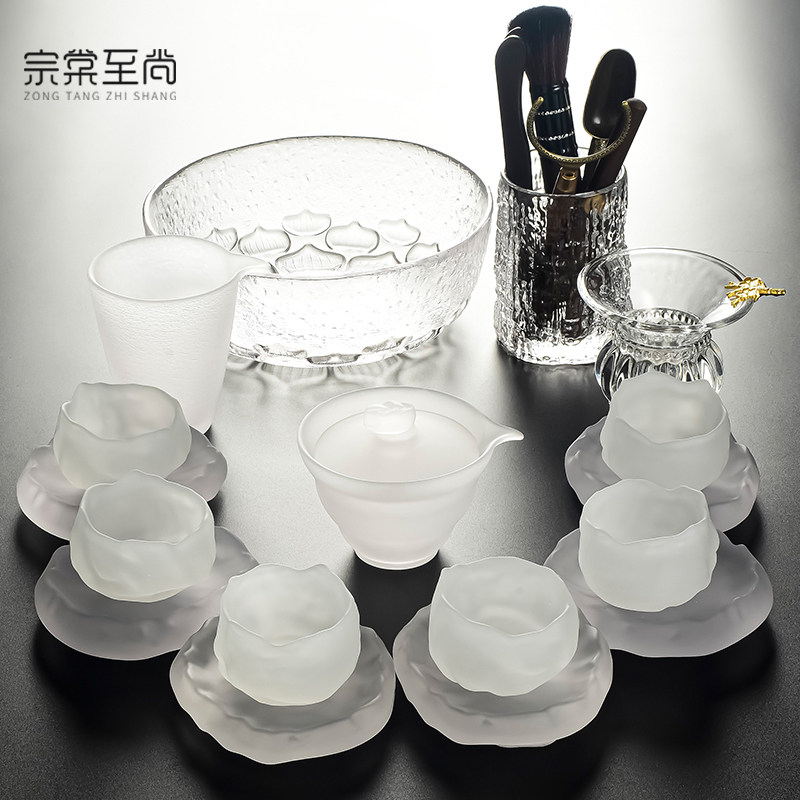 古法琉璃盖碗茶具套装家用轻奢高档磨砂冰冻烧冰韵云雾日式玻璃杯