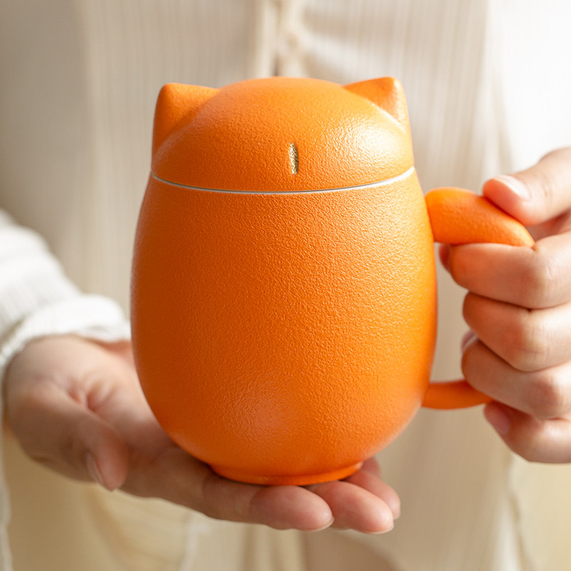 茶水分离泡茶杯创意可爱陶瓷猫耳杯子带盖过滤办公室水杯马克杯