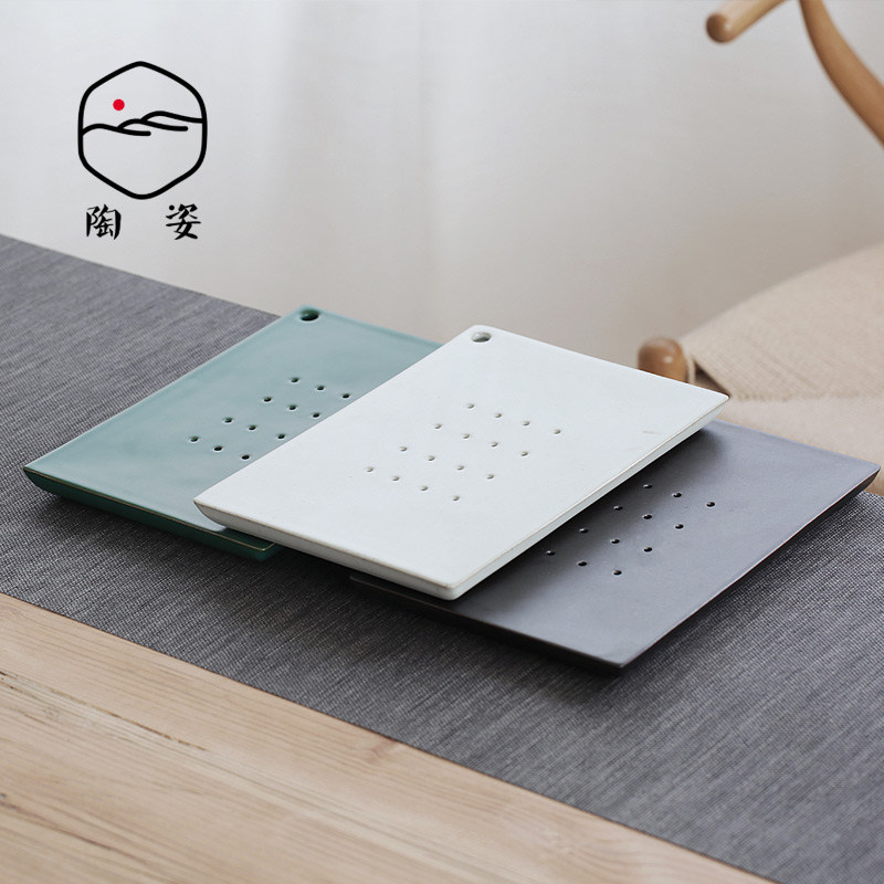陶姿 粗陶茶盘 创意陶瓷壶承大号茶台茶托 日式蓄水黑陶干泡盘
