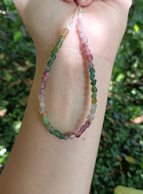 天然碧玺小颗粒手串手链女半宝石七彩虹糖果水晶925银