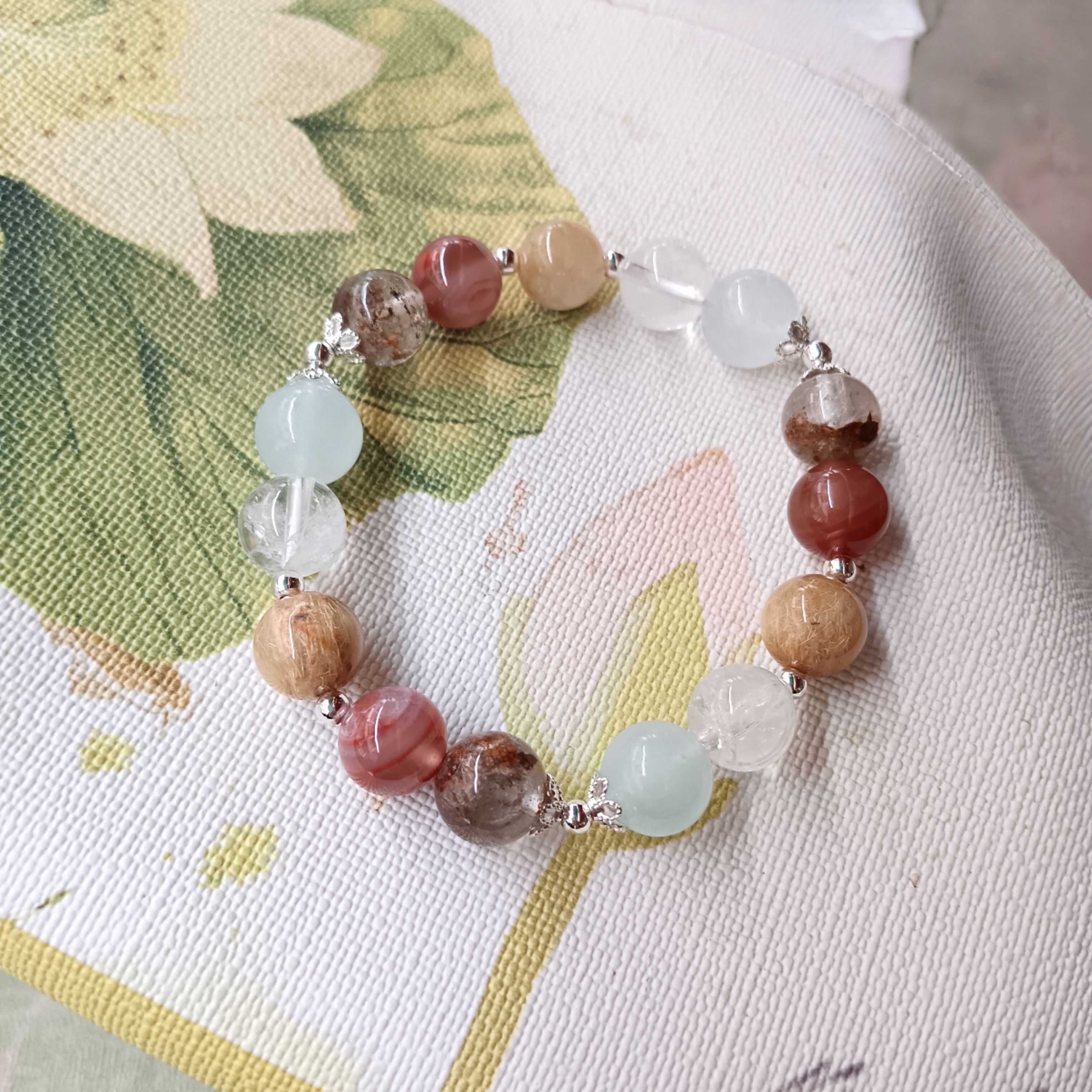 天然10mm水晶五行平衡手串好运手链金发晶白水晶海蓝宝南红绿幽灵