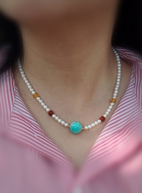 原矿14.5mm湖北绿松石琥珀南红天然淡水珍珠项链