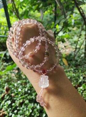 天然6mm草莓晶多圈九尾狐吊坠手串毛衣链项链S7016