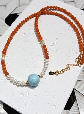 天然海纹石珍珠老蜜蜡项链新中式锁骨链轻奢高级感颈链