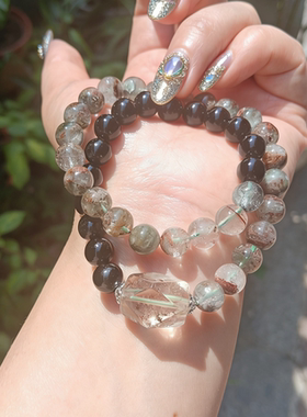 天然水晶8mm绿幽灵黑曜石双圈手链女款时尚百搭送女友闺蜜礼物