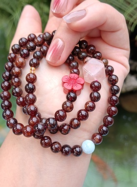 天然石榴石朱砂帝王砂锦鲤胶花海纹石毛衣链项链多圈手串万能链