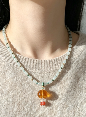 天然翡翠蜜蜡桂花绿松项链锁骨链新中式国风项链颈链女毛衣链