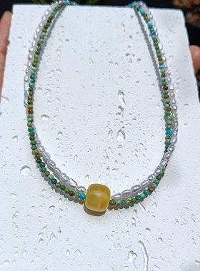 天然2.6mm绿松石3mm巴洛克淡水珍珠9.7mm蜜蜡双层项链长38cm+5cm