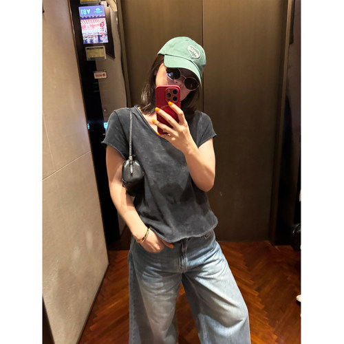 高级感纯棉短袖T恤V领打底上衣女