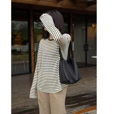 春夏新款条纹长袖上衣宽松T恤女