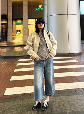 JOSIE CHOW【西部世界】水洗磨白牛仔裤宽松八分阔腿裤女JC543274