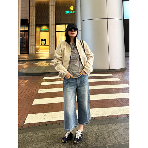 水洗磨白牛仔裤宽松八分阔腿裤女
