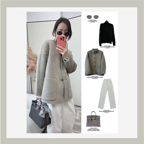 JOSIE CHOW【摩卡】女简约腔调立领双面羊绒大衣外套LP0650495