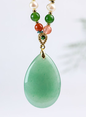 正品天然东陵玉水滴吊坠女款玉坠子晴水湖水绿项链手工DIY送朋友