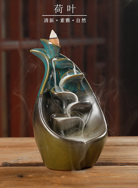 跨境专供陶瓷倒流香炉荷叶莲花蓝色左右逢源香薰炉工艺品家居摆件