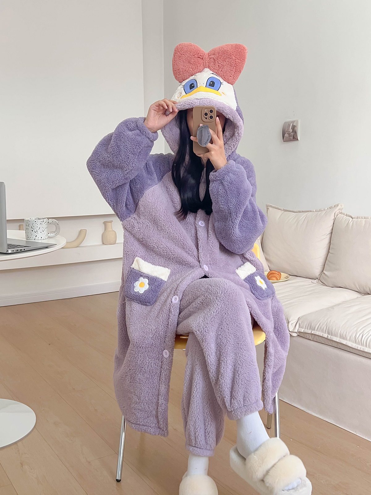 秋冬新加厚甜美卡通睡衣女长袖保暖连帽两件套居家服可爱浴袍浴衣