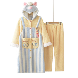 2025冬季新款料理鼠王睡衣女款珊瑚绒加厚加绒保暖睡袍家居服套装
