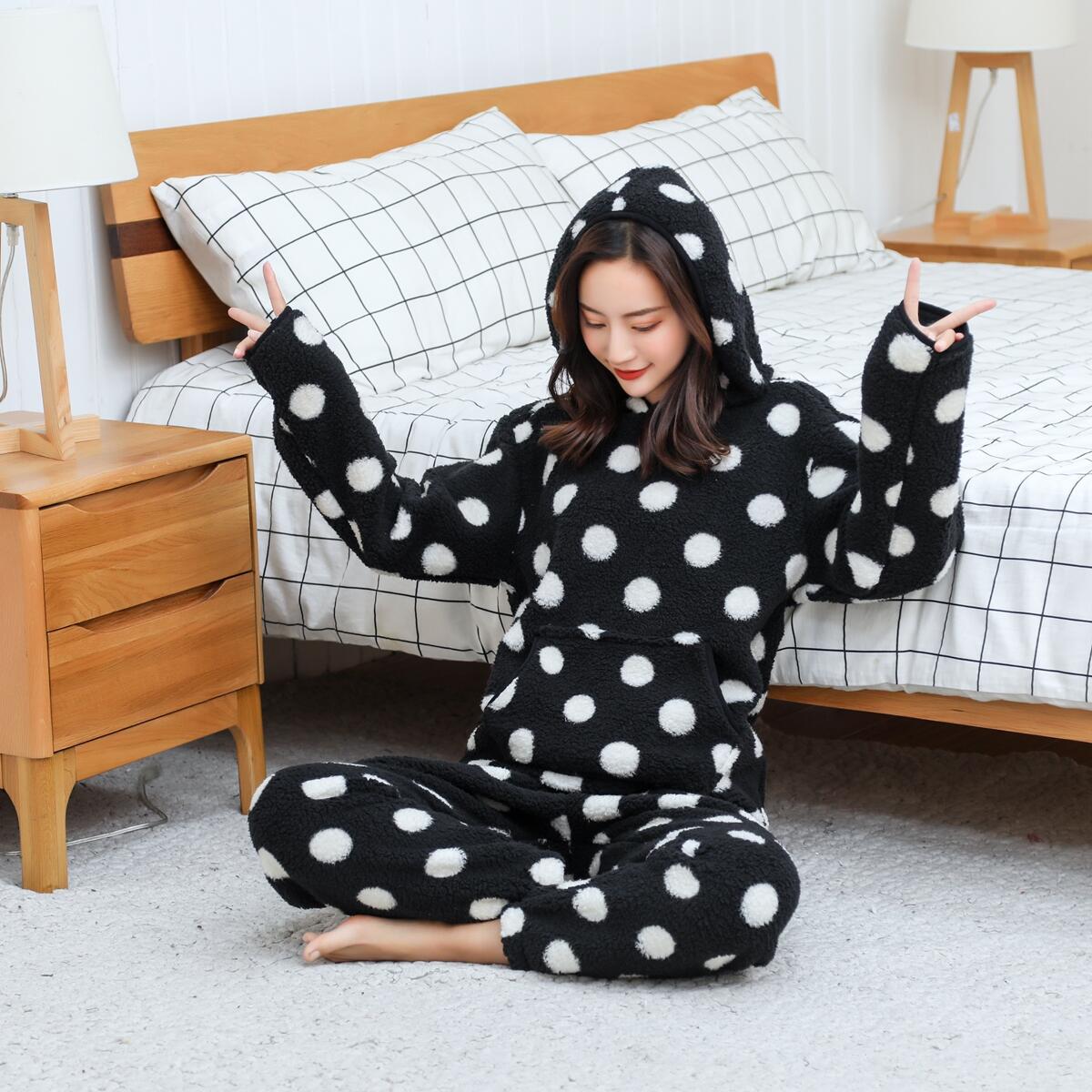 女羔毛连帽保暖套装两件套清仓