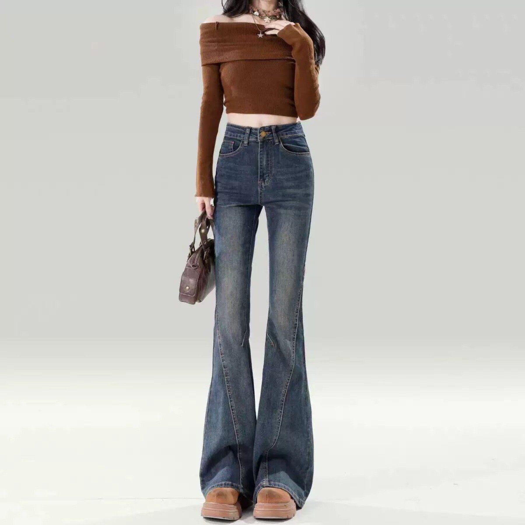 微喇高腰牛仔裤女春季秋冬2026新款百搭修身显瘦复古蓝色喇叭裤子