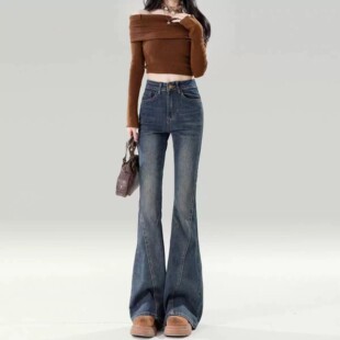 微喇高腰牛仔裤女加绒秋冬2025新款百搭修身显瘦复古蓝色喇叭裤子