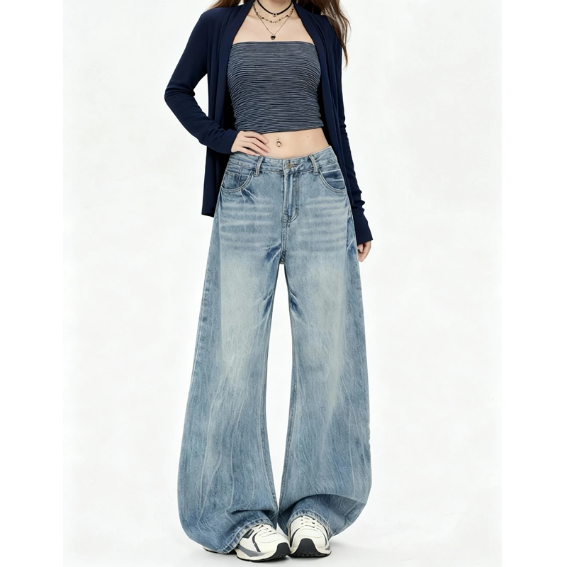 复古低腰弯刀阔腿牛仔裤女春季秋冬2026新款美式水洗宽松显瘦长裤