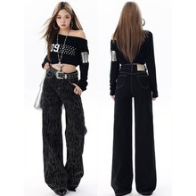 美式烫钻黑色牛仔裤女加绒秋冬2025新款宽松垂感显瘦显高阔腿裤子