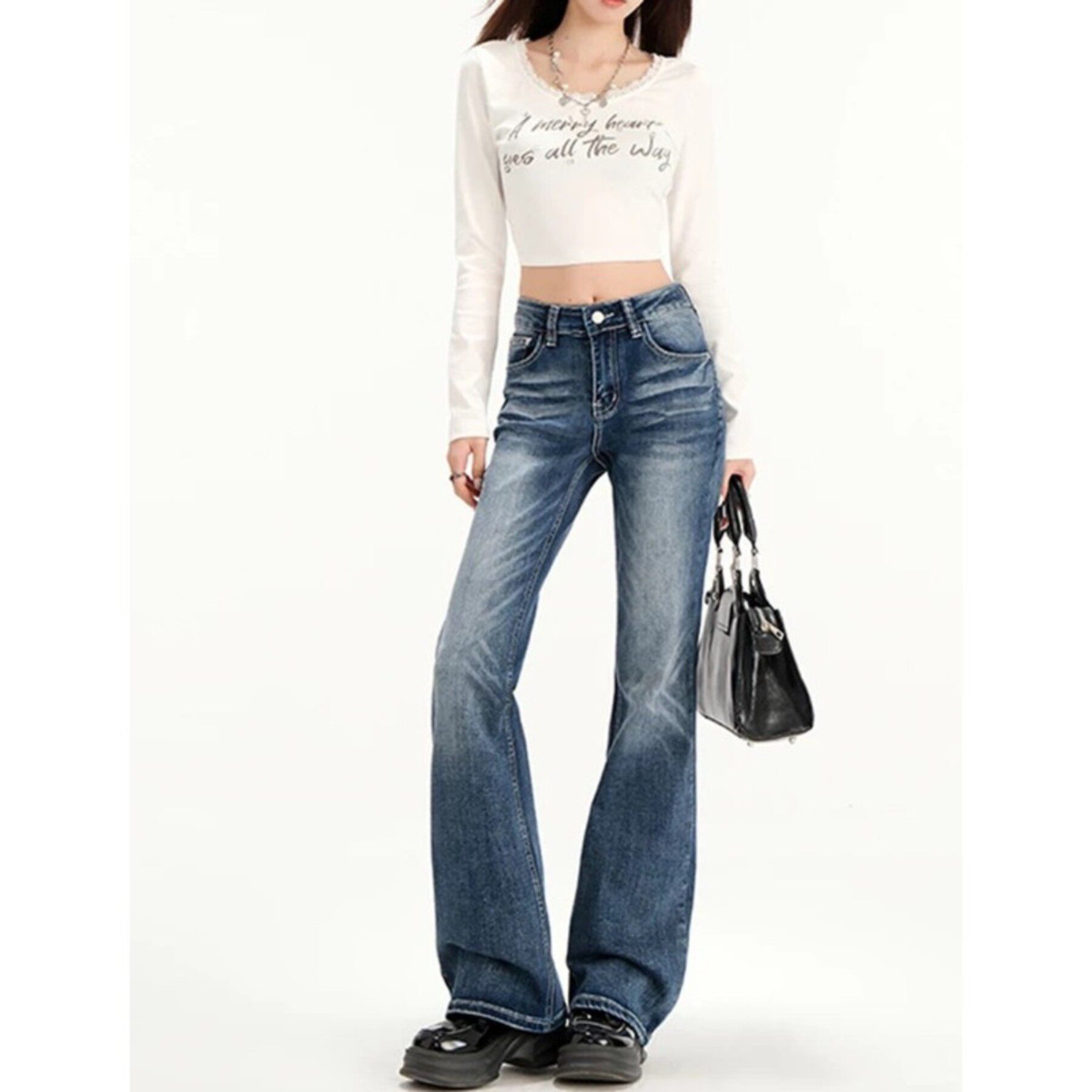 复古水洗蓝色直筒牛仔裤女春季秋冬2026新款窄版宽松显瘦拖地裤子