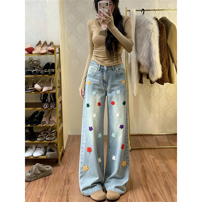 刺绣直筒阔腿牛仔裤女加绒秋冬2025新款浅色高腰显瘦设计感拖地裤