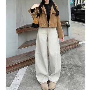 明月灰超火弯刀牛仔裤女加绒秋冬2025新款梨型身材遮肉镰刀阔腿裤