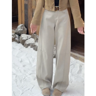 明月灰超火弯刀牛仔裤女加绒秋冬2025新款梨型身材遮肉镰刀阔腿裤