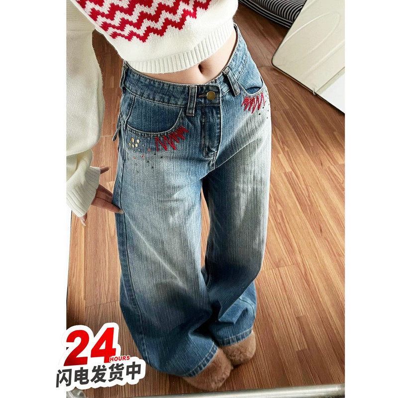 复古低腰直筒牛仔裤女春季秋冬2026新款竹节纹美式刺绣宽松阔腿裤