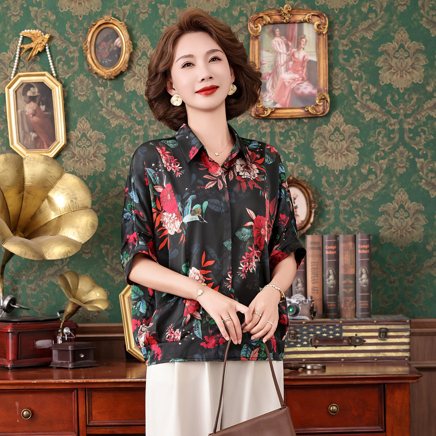ModeFair黑底红花印花真丝衬衫女夏季宽松显瘦中年妈妈桑蚕丝上衣