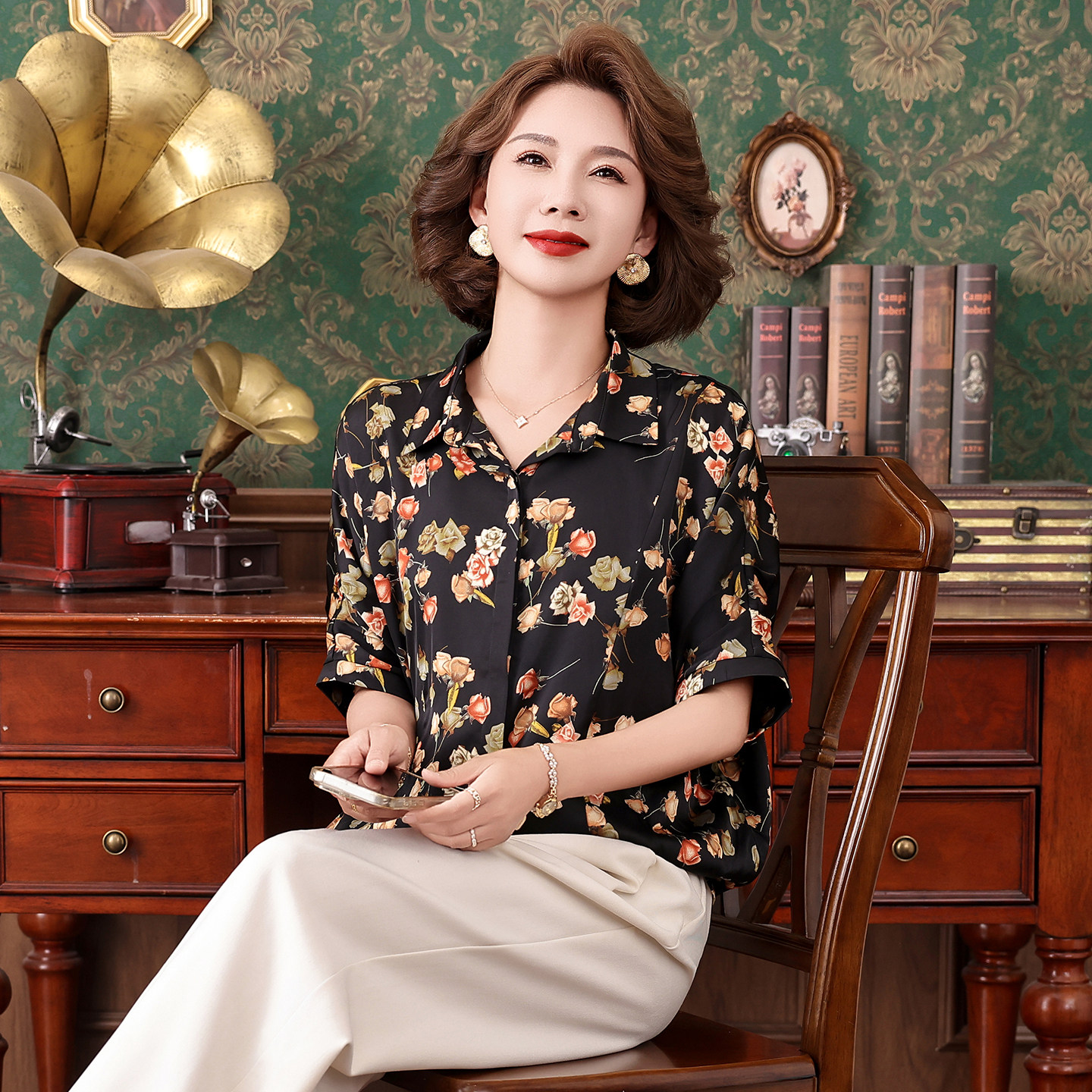 黑底玫瑰真丝衬衫女夏季显瘦