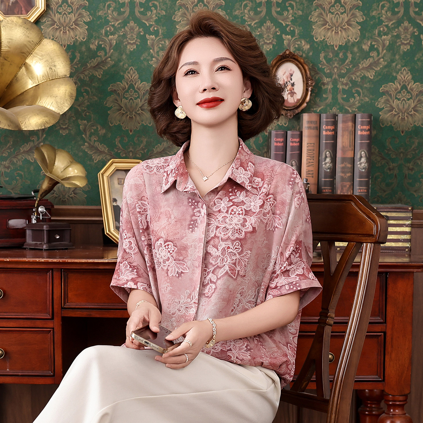 夏季桑蚕丝通勤宽松遮肉短袖衬衫