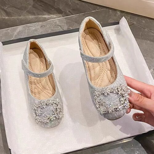 女童高跟鞋2025年儿童水晶单鞋女孩走秀演出大童软底魔术贴公主鞋