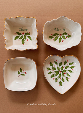 出口 LENOX釉色冬叶青红浆果陶瓷奶黄色 圣诞节派对点心碟甜品碗