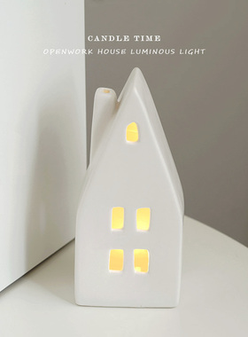 candle time 出口北欧白色镂空房子陶瓷发光灯家居床头小夜灯摆件