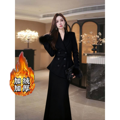 2025秋季新款加绒加厚法式气质西装外套半身裙套装两件套D4050