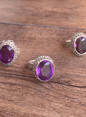 尼泊尔天然紫水晶切面戒指s925银重工镶嵌手工戒指复古精美