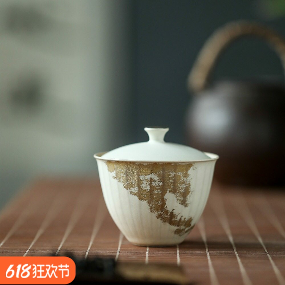 景德镇手工复古银彩瓷胎菊棱刮纹盖碗粉引鎏银二才泡茶碗小众设计