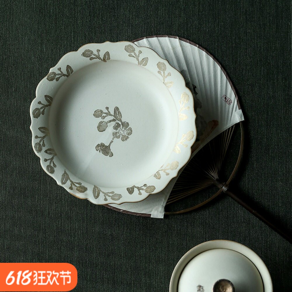 景德镇版刻手绘粗陶粉引鎏银茶盘功夫茶具手工盖碗壶承可养开片