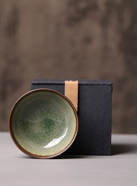 粗陶开片品茗杯100ml纯手工志野烧绿色开片陶瓷主人杯复古品茗杯