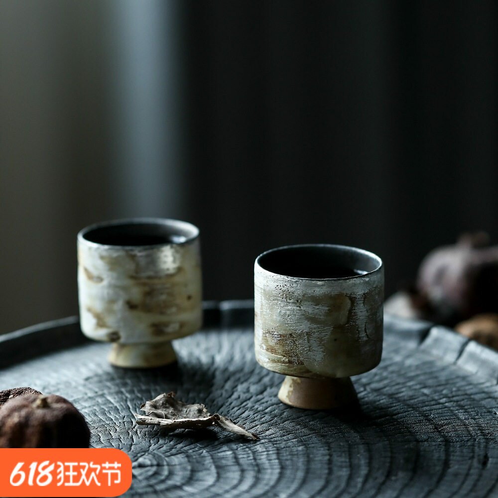 陶艺家作品系列原朴鎏银杯陶瓷品杯粗陶侘寂风茶杯内金属黑釉简朴