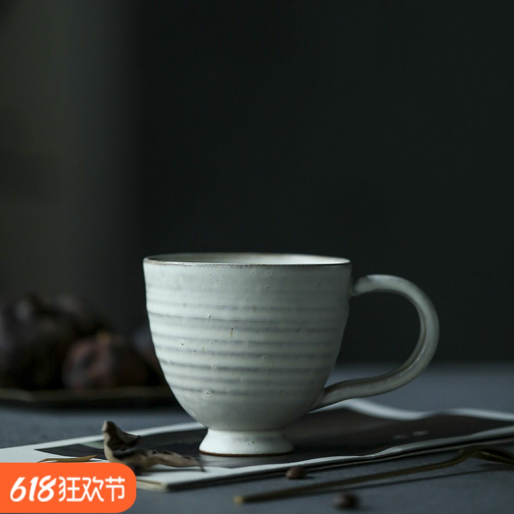 景德镇手工拉花粉引欧蕾大杯手作粗陶白陶咖啡杯红茶杯拙朴白开片