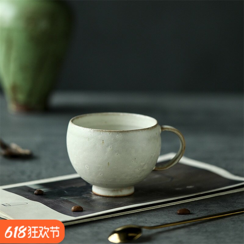素白粉引欧蕾大茶杯景德镇纯手工复古陶瓷咖啡杯马克杯开片可养