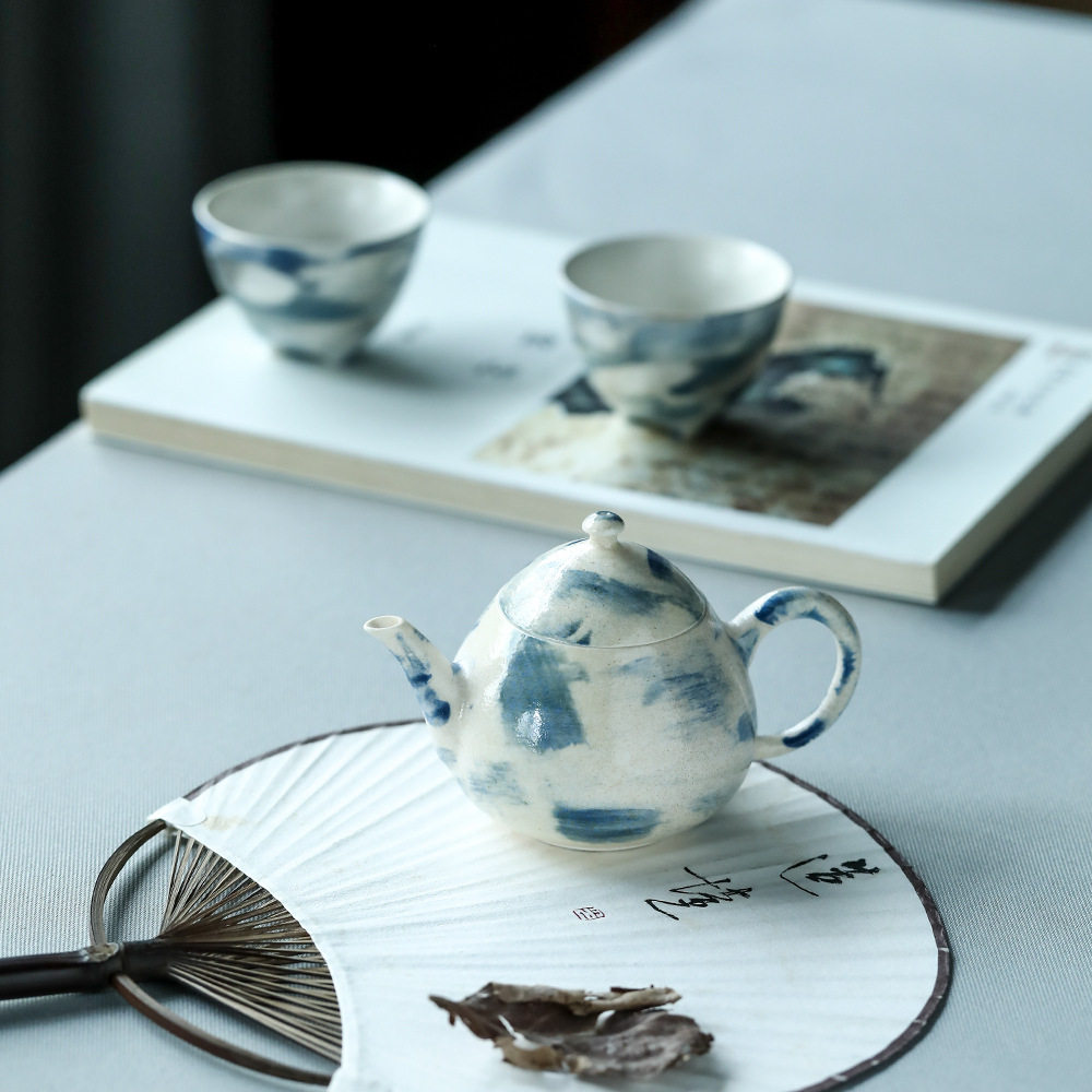 海蓝之光景德镇纯手作功夫茶具陶瓷手绘壶鎏银三足品茗杯套装礼盒