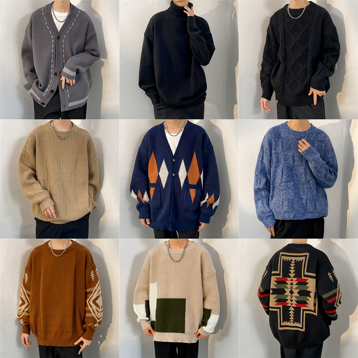 男生毛织衫高领宽松开衫高级感