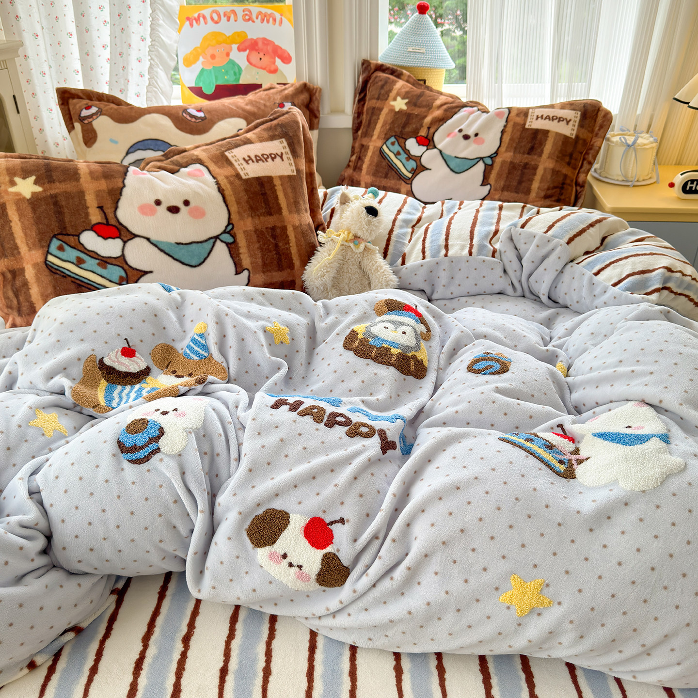 月亮睡了卡通风毛巾绣牛奶绒四件套卧室加厚床单被套宿舍保暖床品,床上用品,床品套件/四件套/多件套,淘宝优惠券,粉丝福利购,淘宝优惠卷