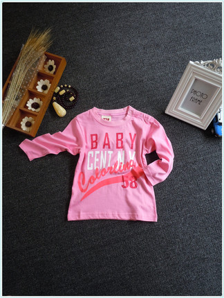 外贸原单圆领长袖套头童装T恤全棉婴儿上衣粉色字母印花男童女童