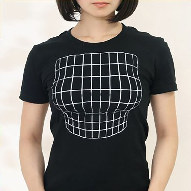 趣味萌搞怪裸眼3D妄想假大胸日本错觉欺骗短袖纯棉T恤女夏修身潮